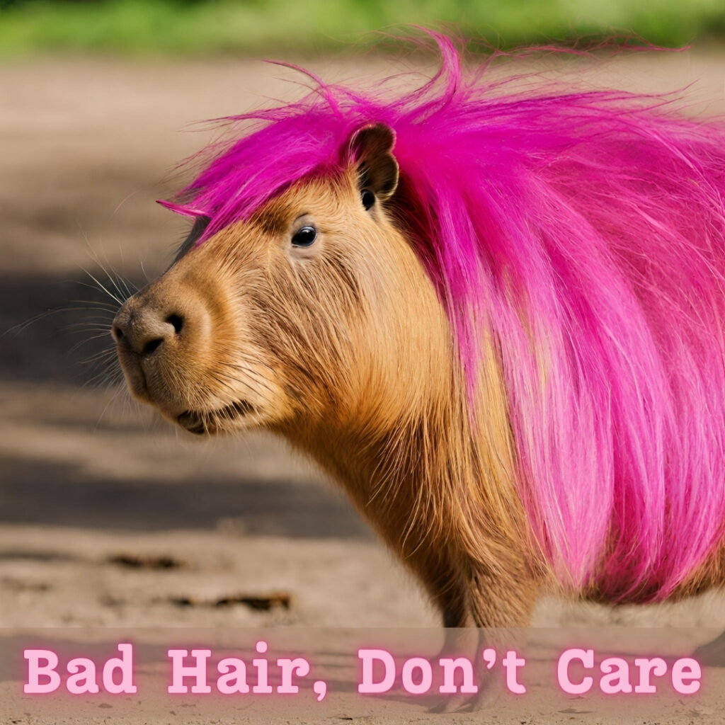 meme photo of capybara with pink hair with text bad hair don't care