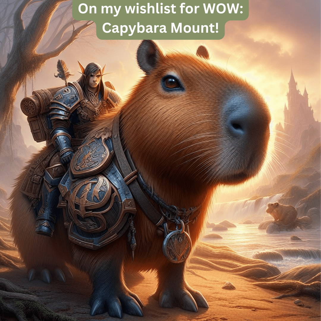 a meme of a wow player riding a Capybara mount